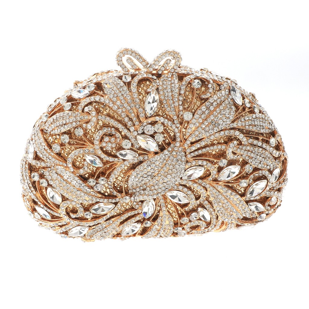 Gold Tone Alloy Metal Crystal Rhinestone Clutch Evening Bag HB6012-GCL