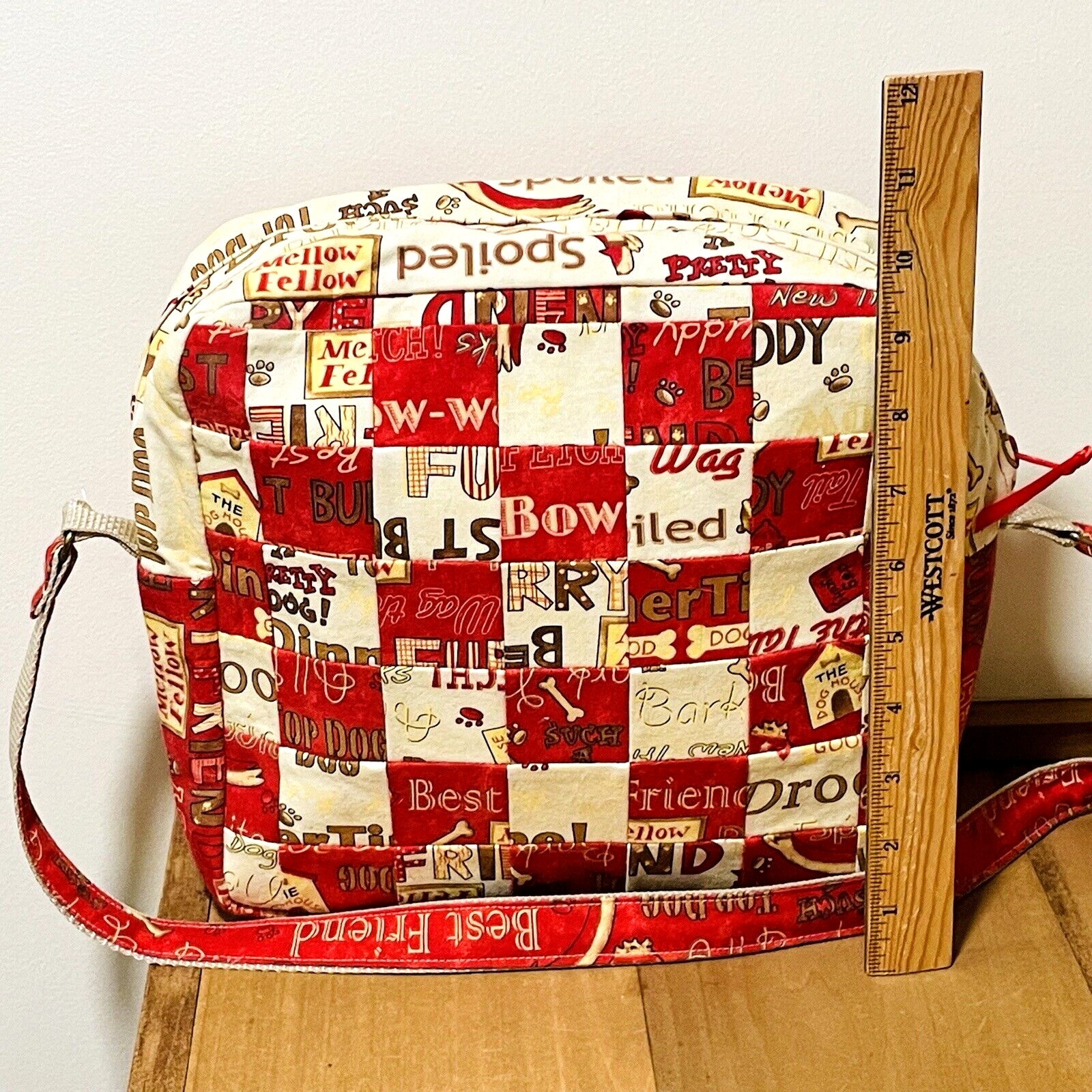 Crossbody Tote Bag Dog Pet Puppy Paw Handmade Cotton Fabric 10″ Red Yellow