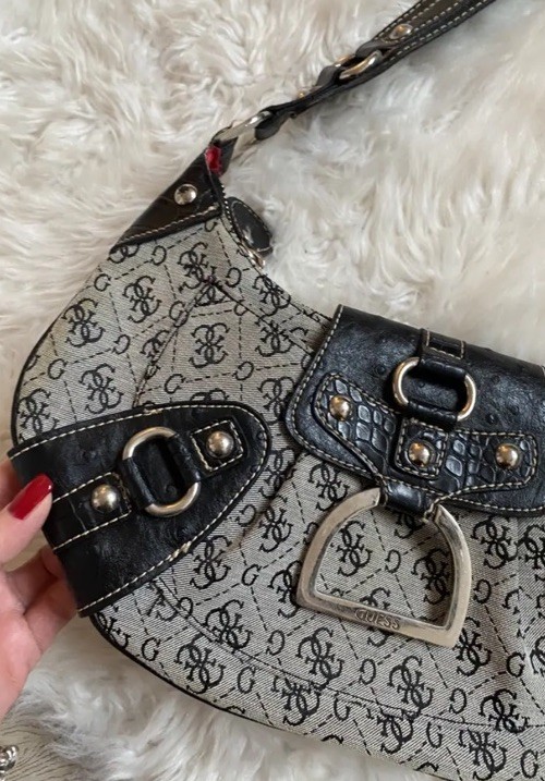 Vintage Y2K Guess Monogram Jacquard Crescent Hobo Bag Gray Croc Buckle Purse