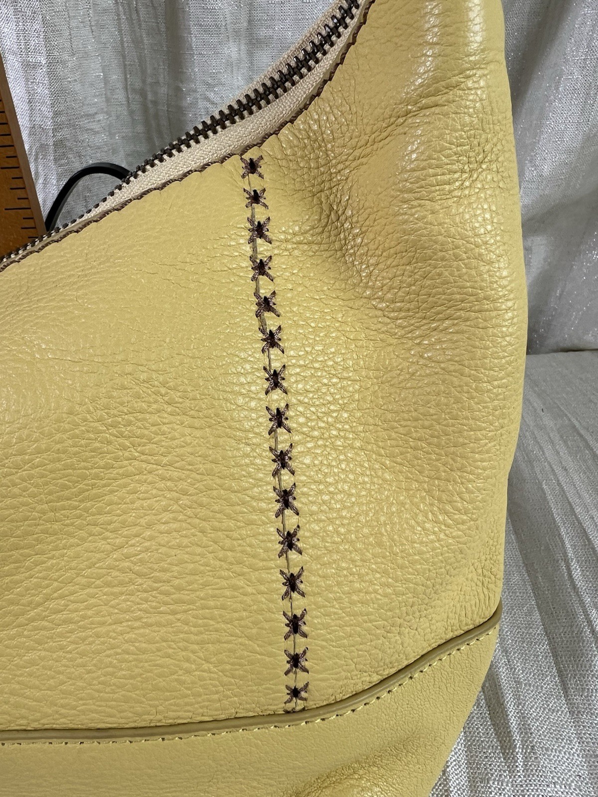 The Sak Yellow Pebbled Leather Hobo Shoulder Bag Purple Stitch Boho Purse