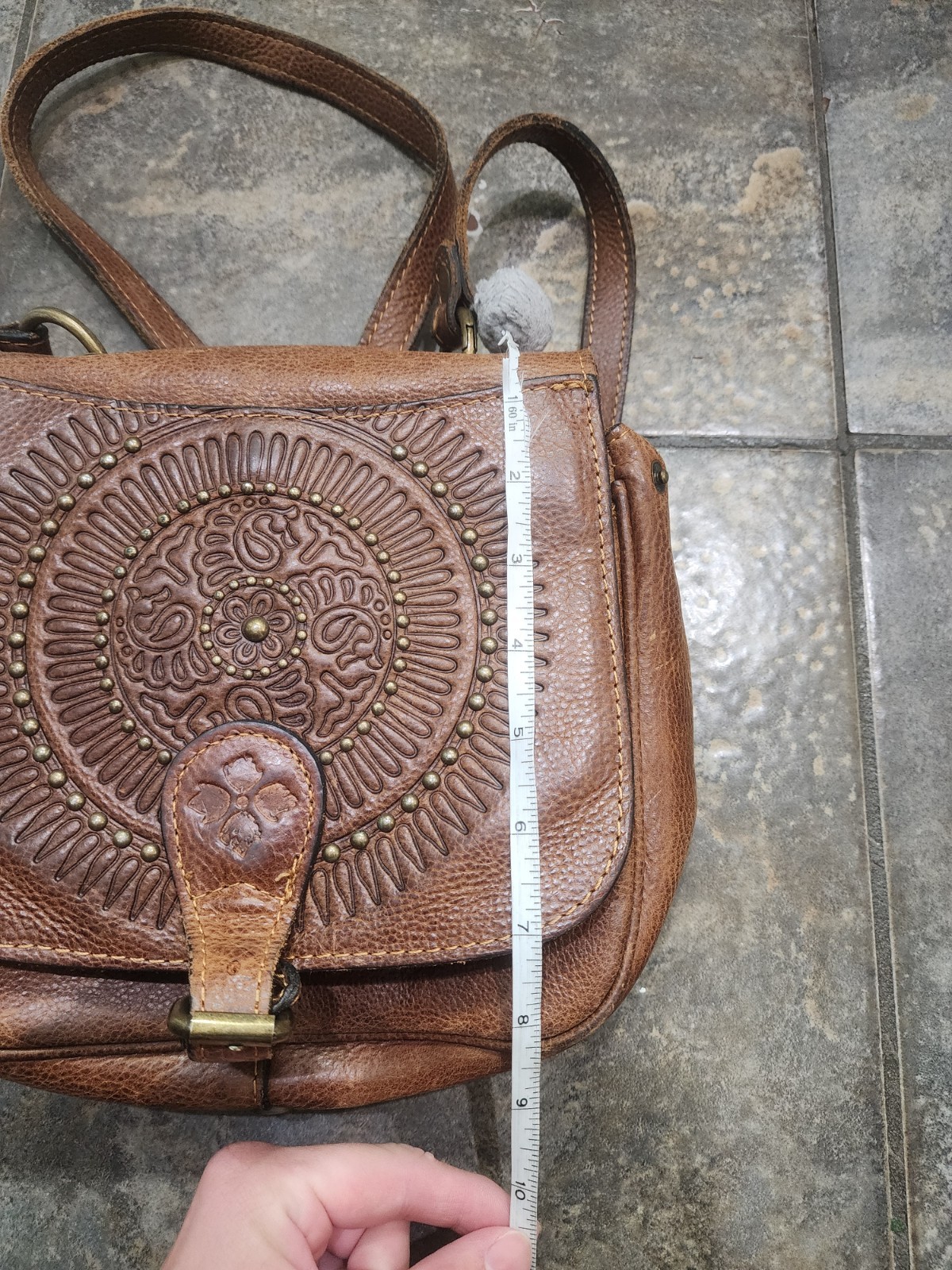 Patricia Nash Brown Leather Crossbody Indie Boho Brass Hardware Purse Bag