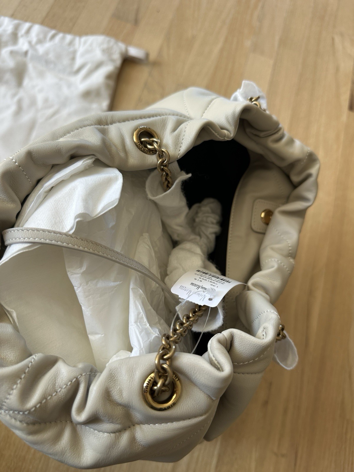 Saint Laurent Jamie Large Pochon Bucket Drawstring Quilted Chain Dust Bag Beige