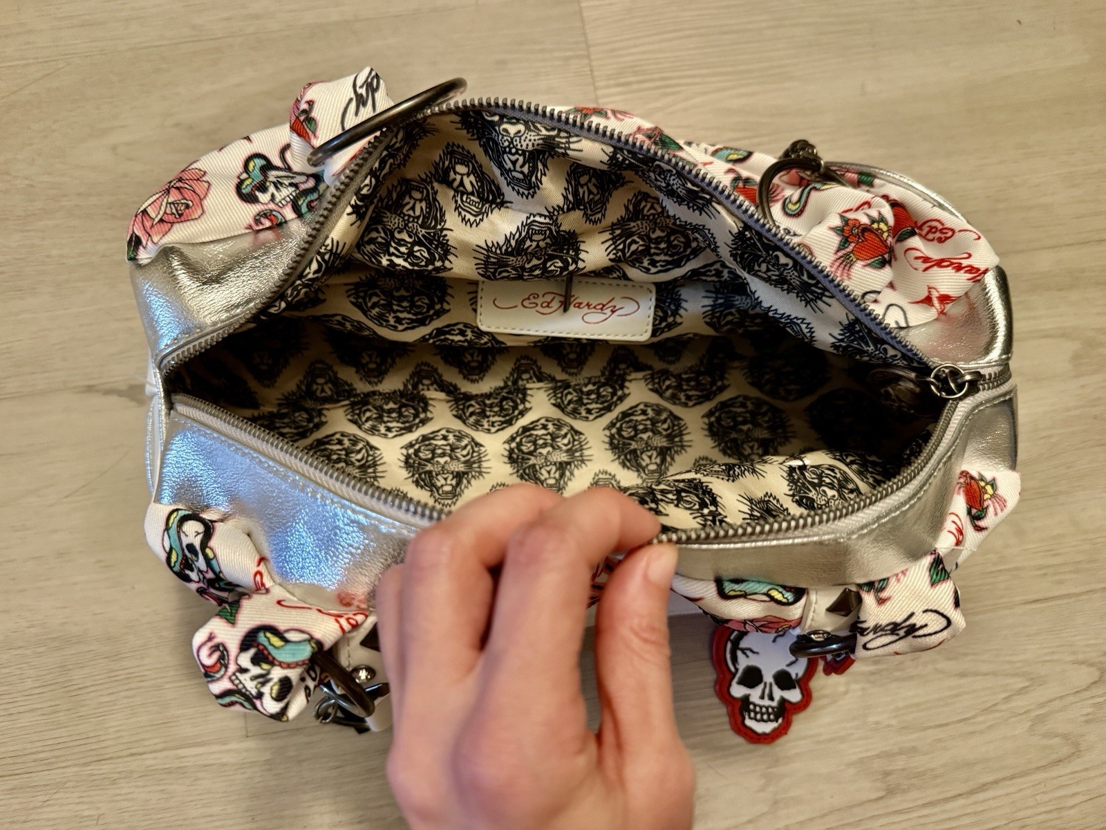 Ed Hardy Studded Rhinestone Hearts Hobo Satchel Shoulder Bag~Roses~Charms~NWT