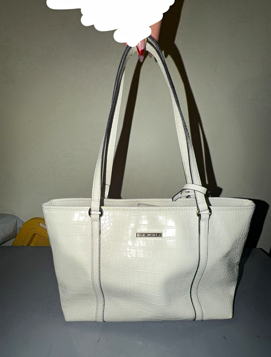 Dana Buchman White Croc Embossed Medium Tote Zip Charm Silver Hardware