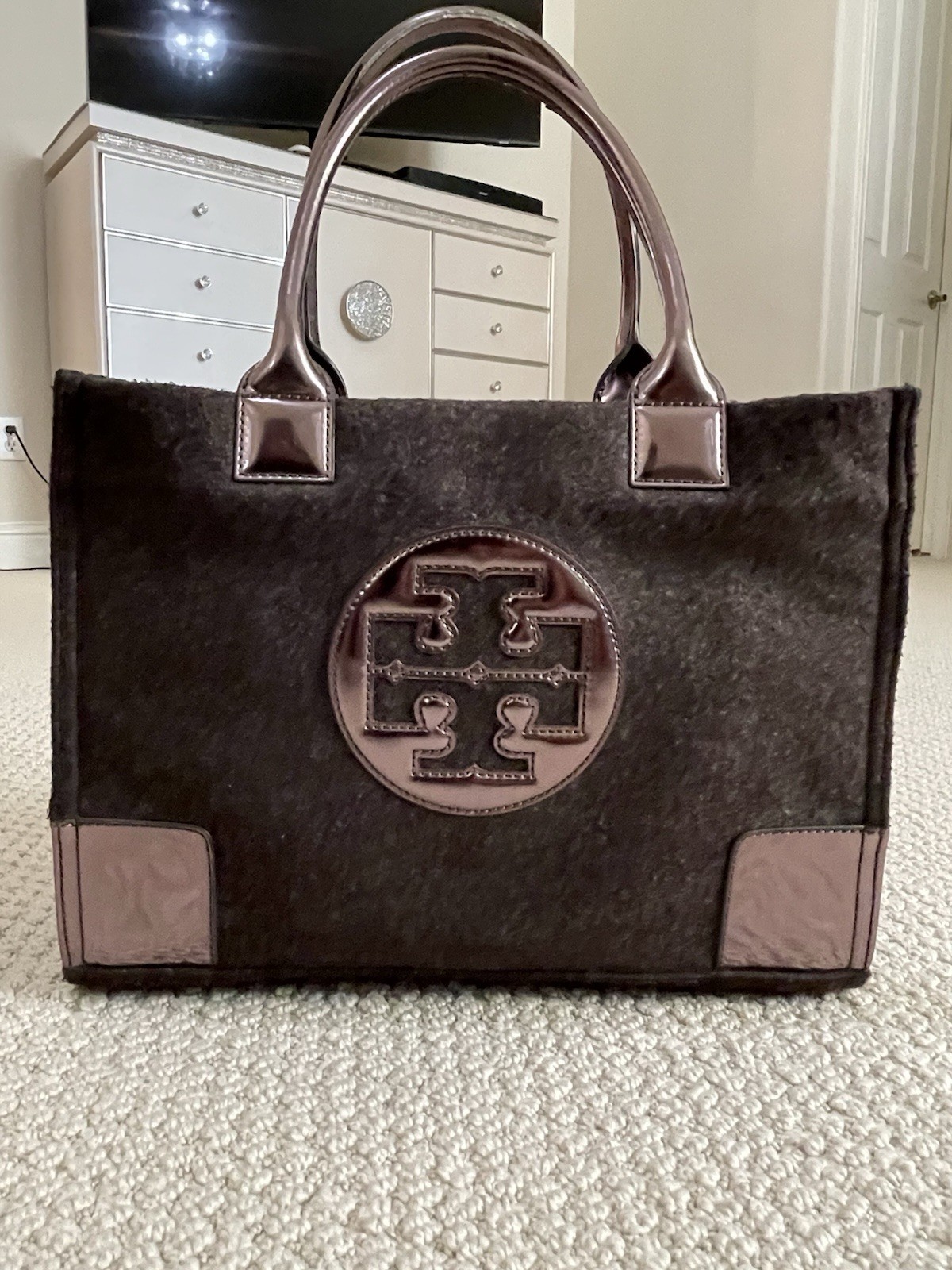 Tory Burch Brown Felt Bronze Patent Leather Handbag Tote