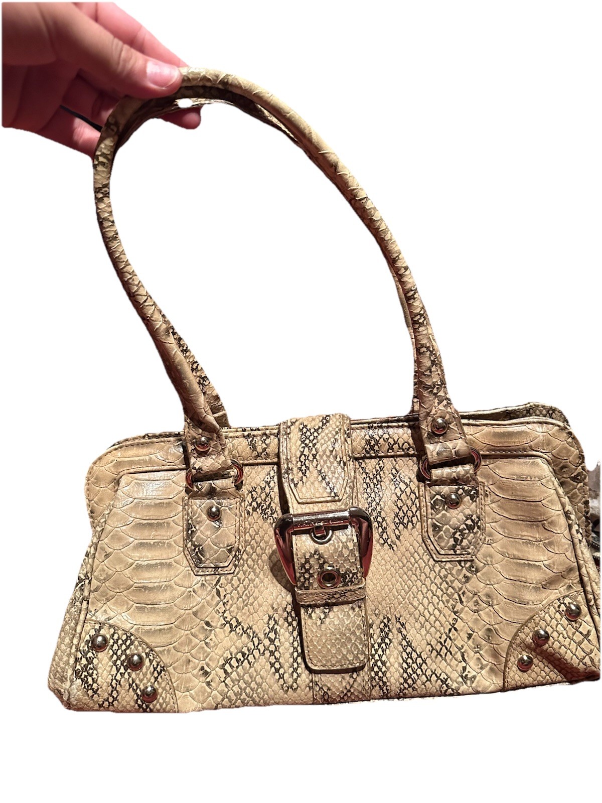 Kathy Van Zeeland Beige Snakeskin Embossed Satchel, Zip, Studded Buckle Charm