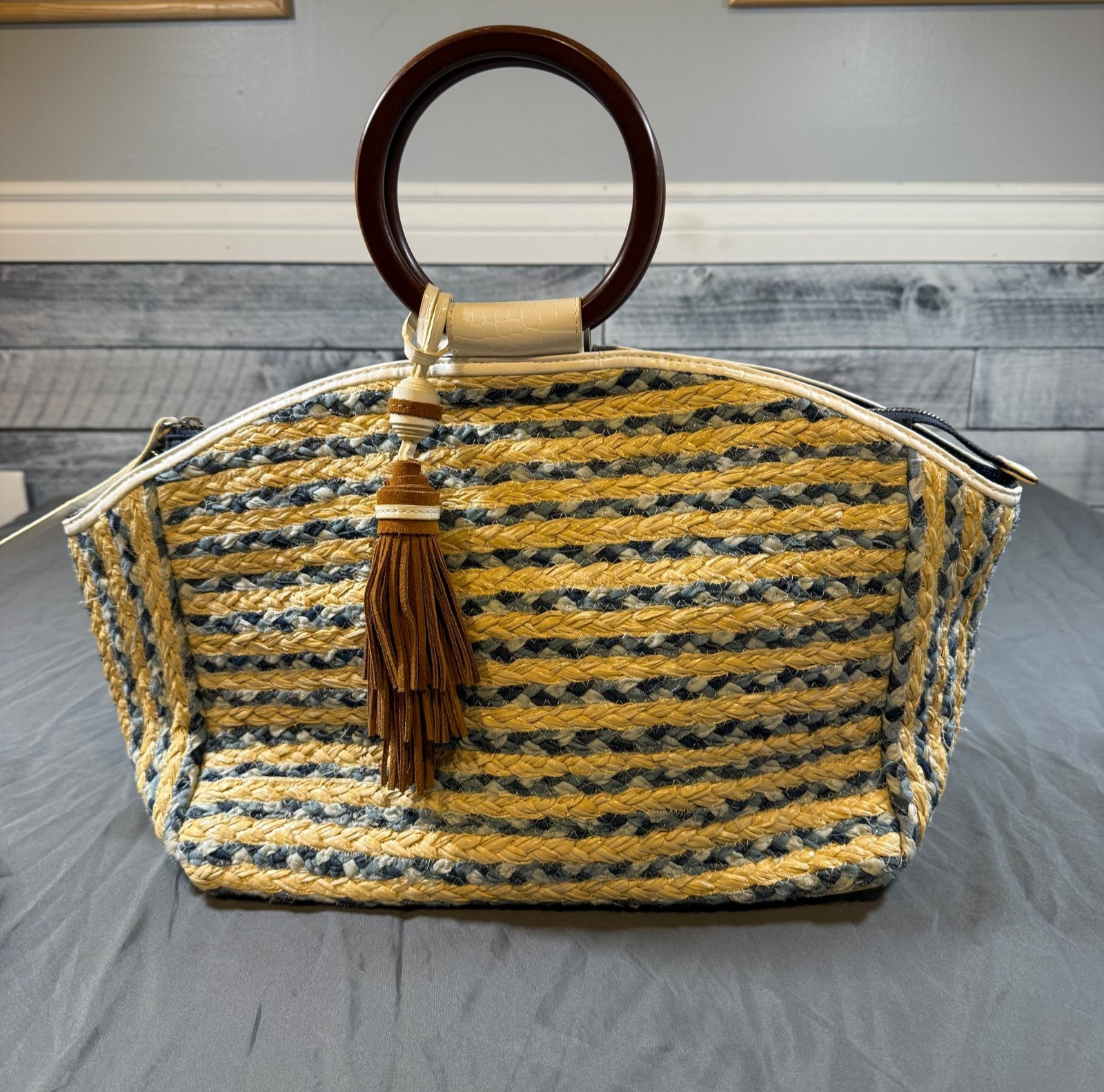 Sam Edelman Straw & Denim Purse – Gwendolyn tote woven/wood handles. vacation