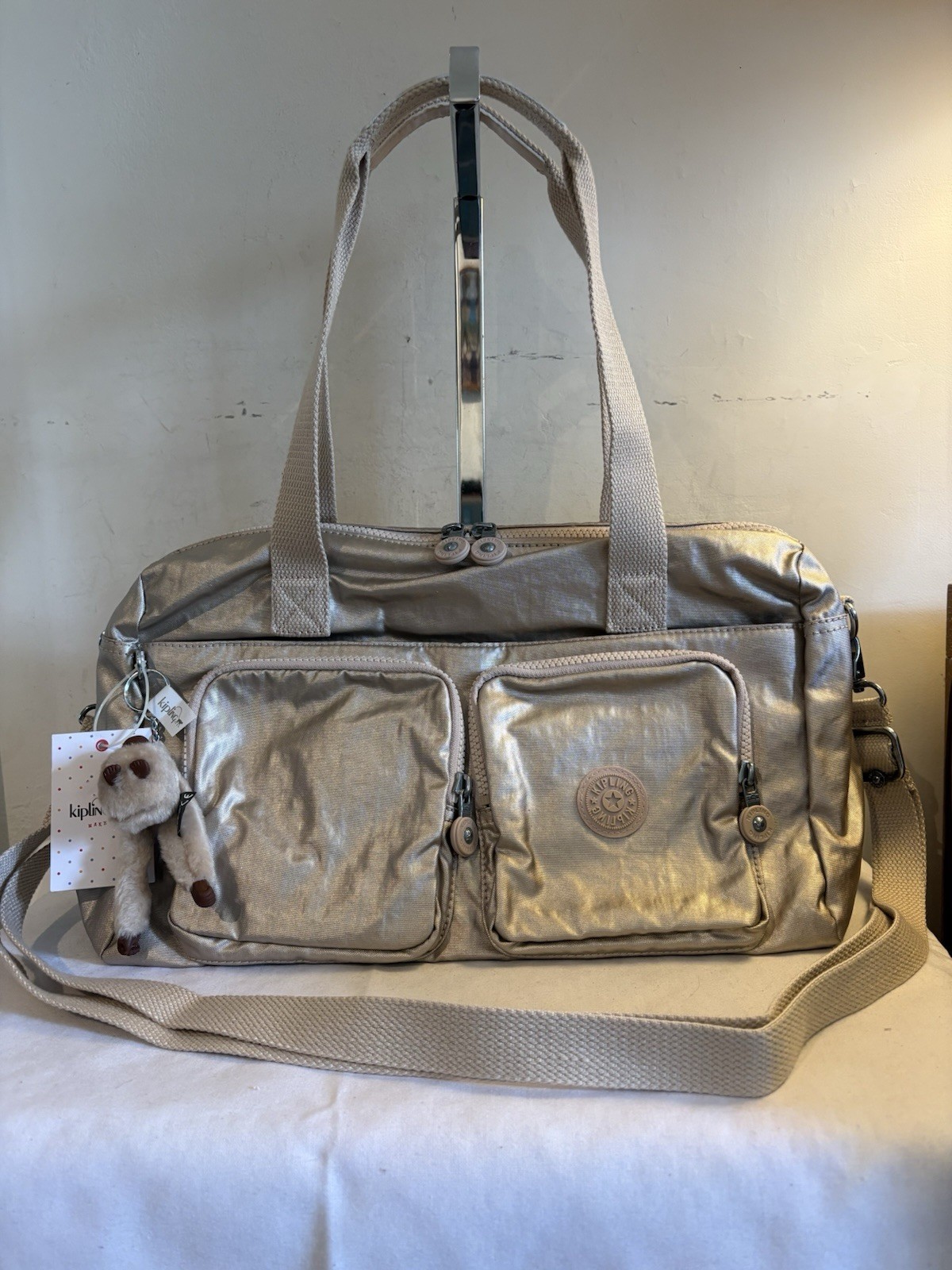 New Kipling Cyrene Crossbody/Shoulder Bag Metallic Gold/Tan Monkey Charm NWT