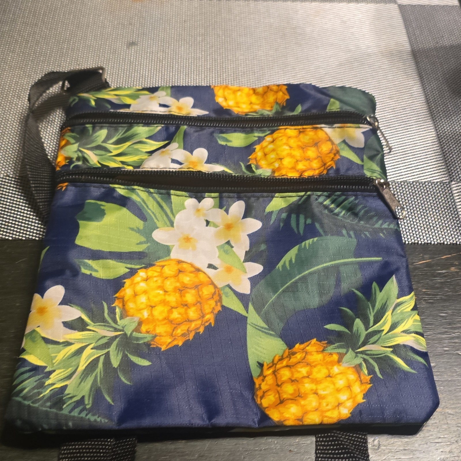 Tropical Floral Print Crossbody Shoulder Bag Navy Adjustable Strap Zipper Accent