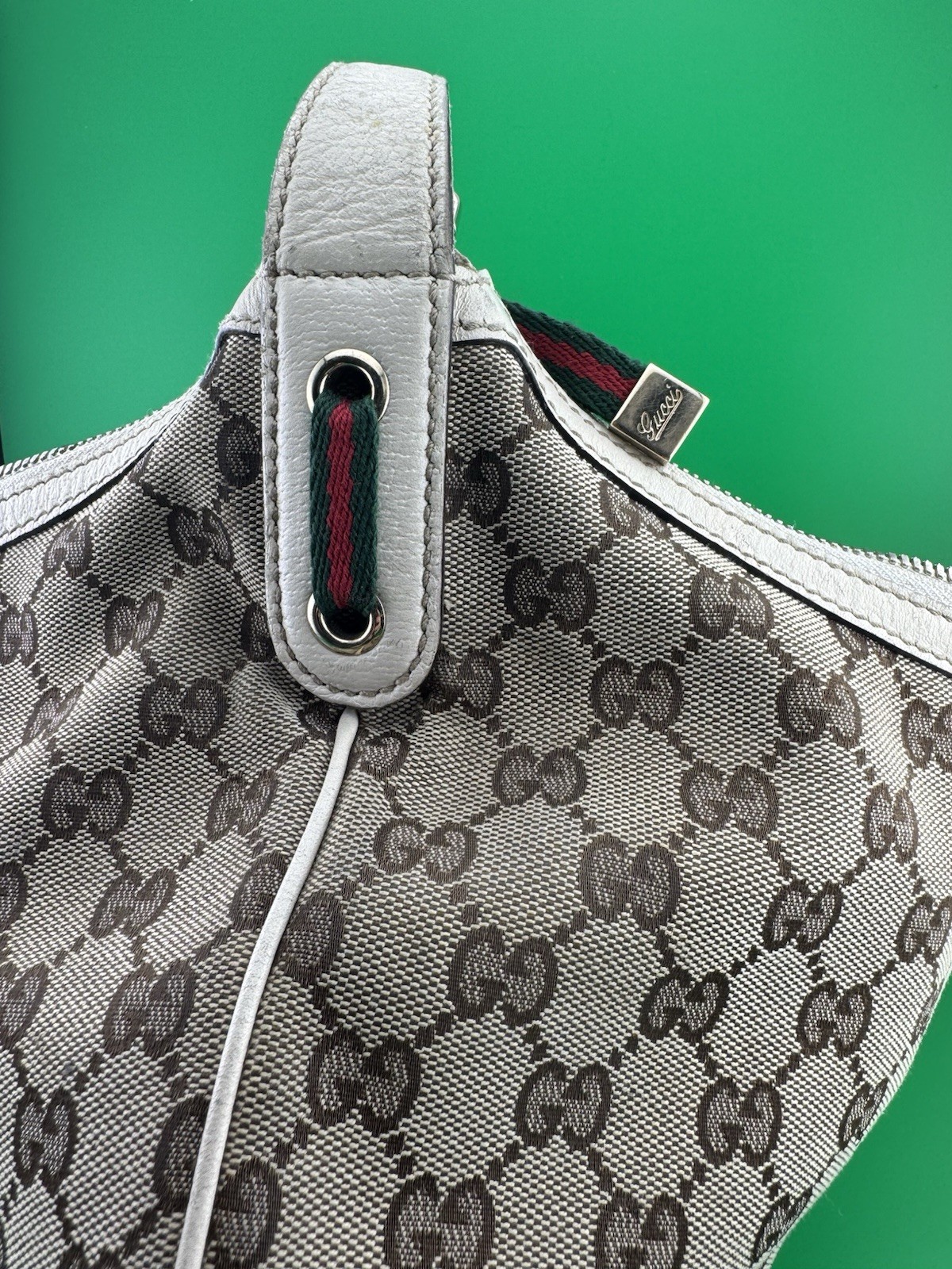 Gucci GG Monogram Crescent Shoulder Bag Ivory Trim/Strap Zip w Bag Charm
