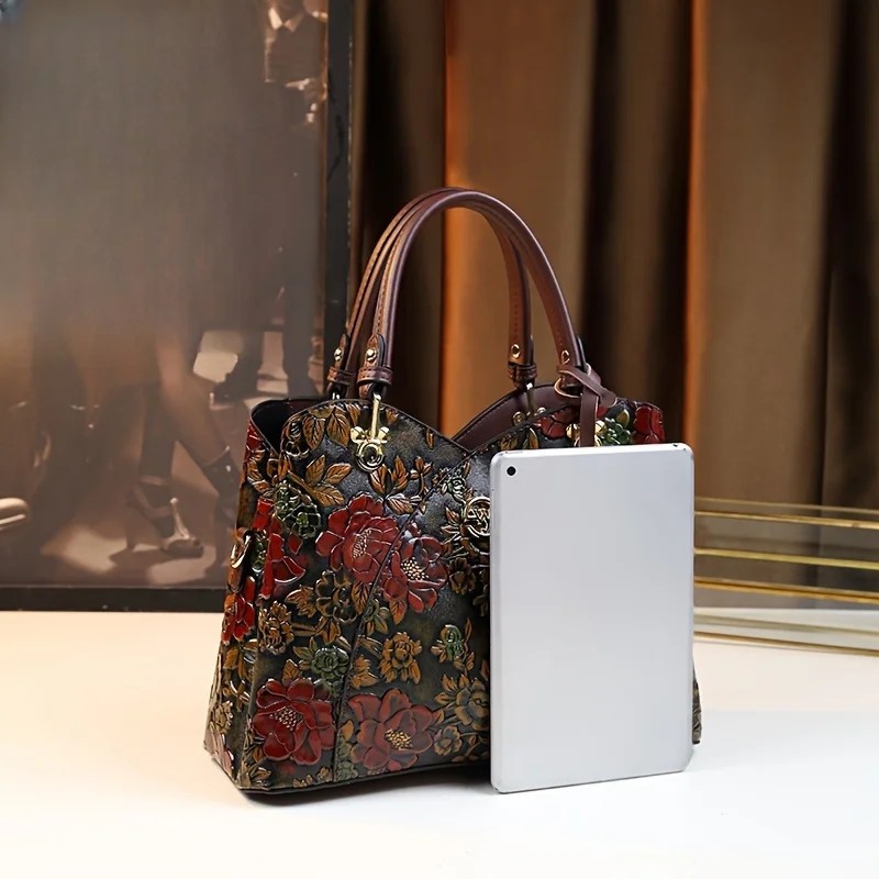Vintage Style Flower Pattern Handbag, PU Leather Bag, Fashion Crossbody Bag
