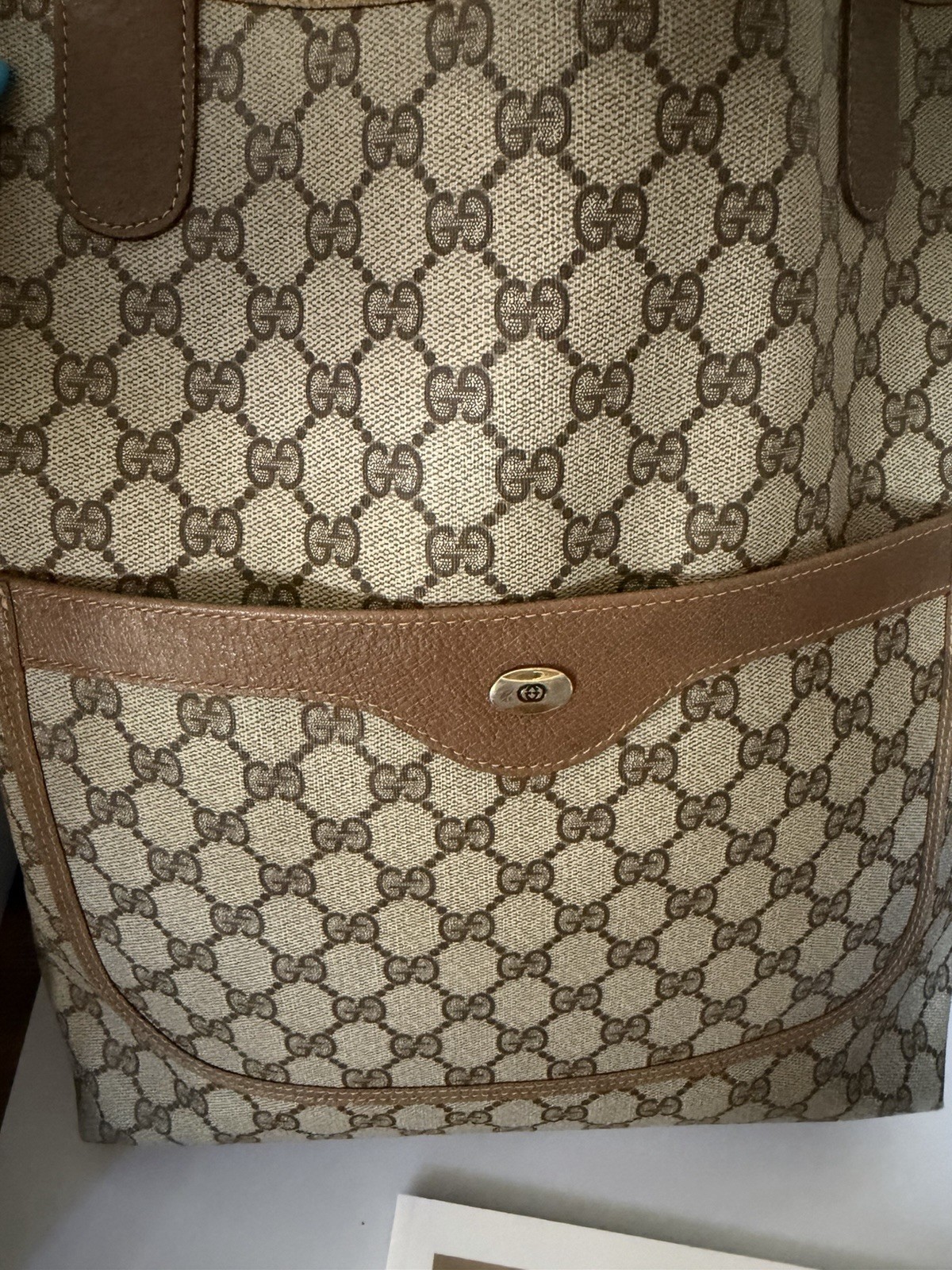 Authentic Gucci Vintage GG Supreme Web Tote Bag Beige Canvas Brown Leather Large