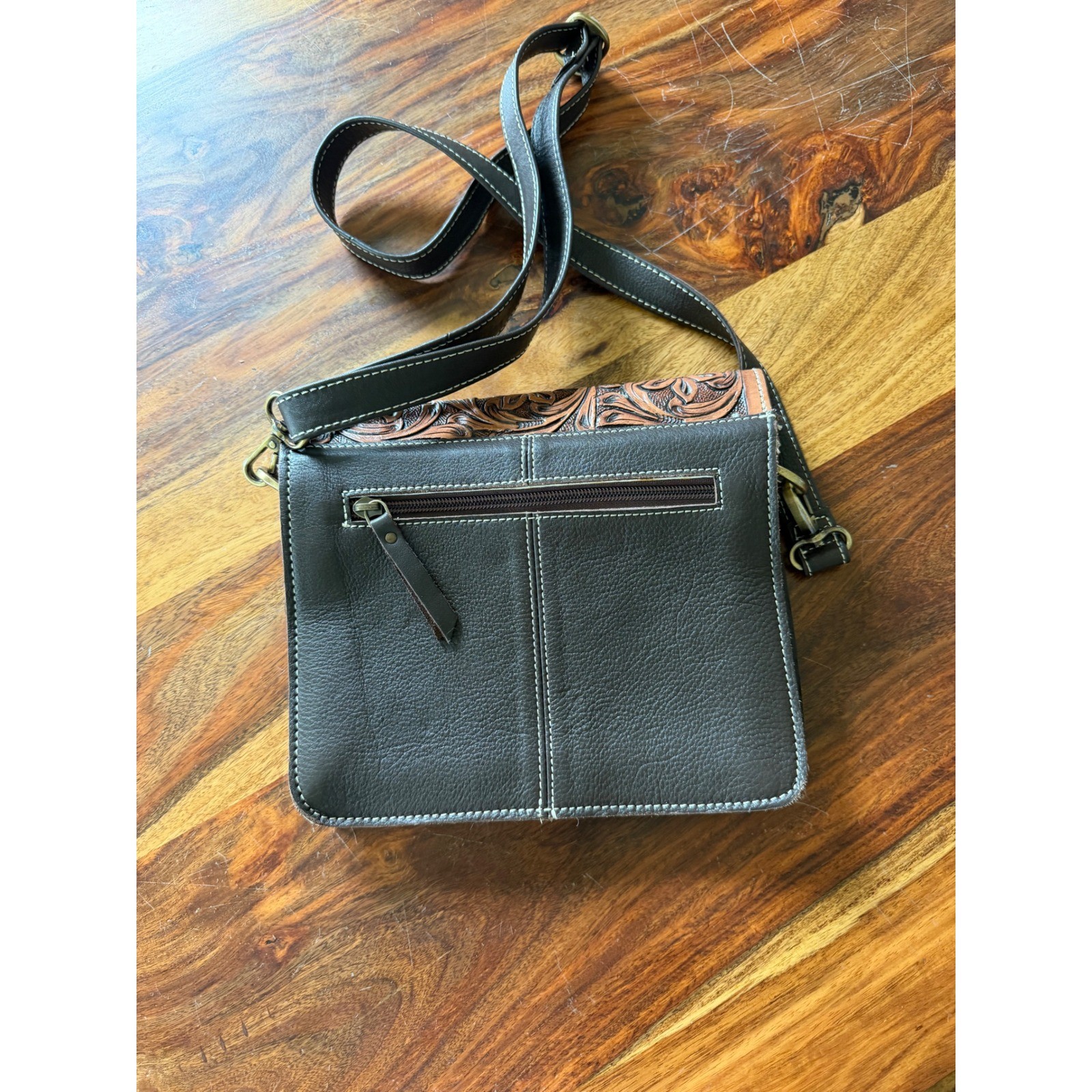 Western Cowhide Tooled Floral Leather Crossbody Bag Brown White Handbag