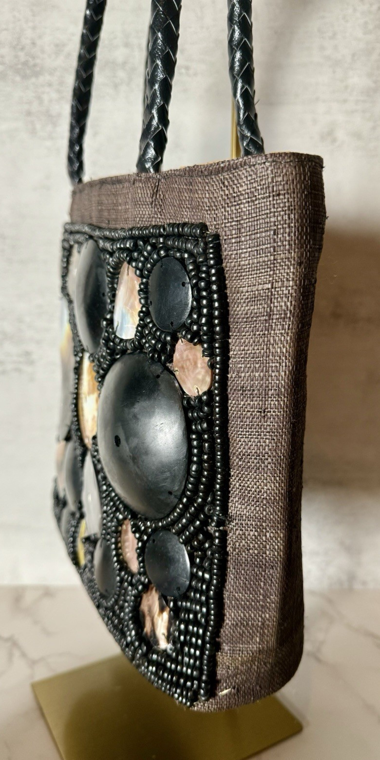 Italy Woven Abalone Handbag Chocolate Brown Wood Bead Rectangular Leather Handle