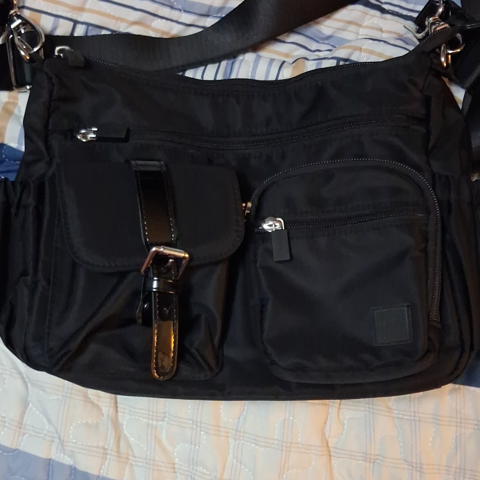 IHKWIP Black Shoulder Bag Silver Hardware Zip Buckle Accent Pockets