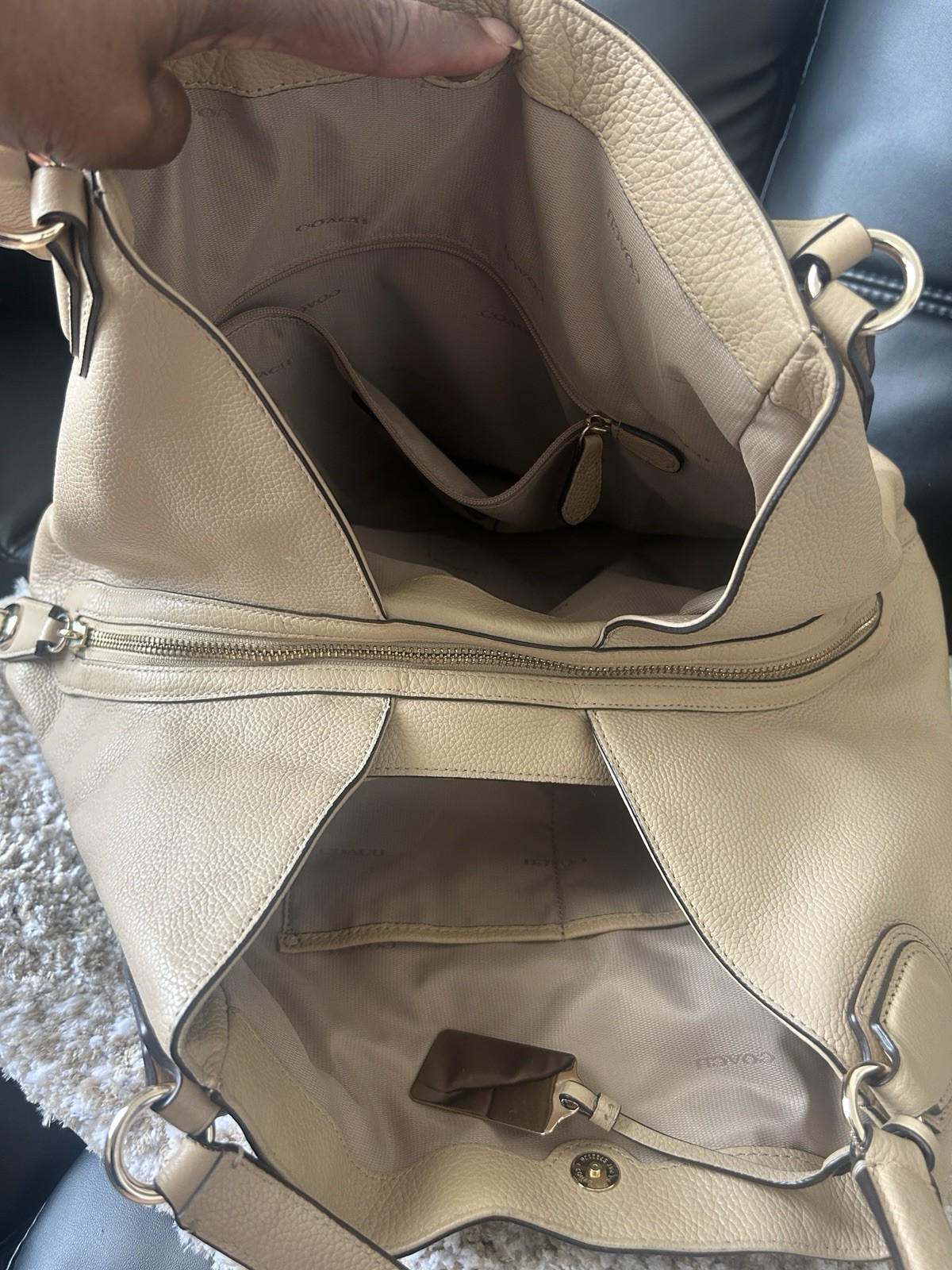 Coach Beige Pebbled Large Tote Shoulder Bag Zip/Magnetic, Pockets, Charm