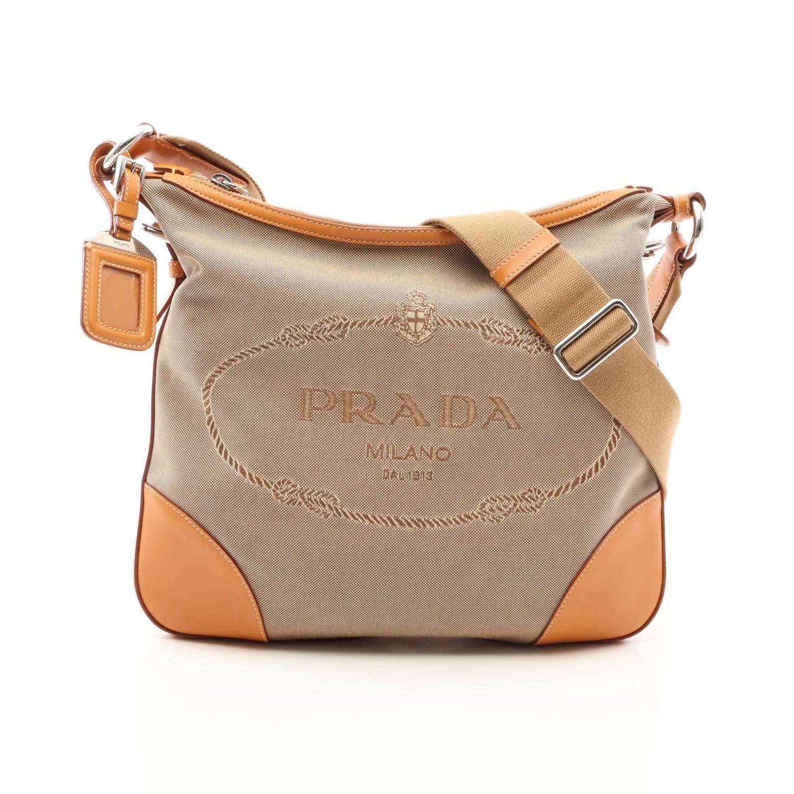 PRADA Logo Jacquard Canvas Shoulder Bag Beige 30cm x 27.5cm Used