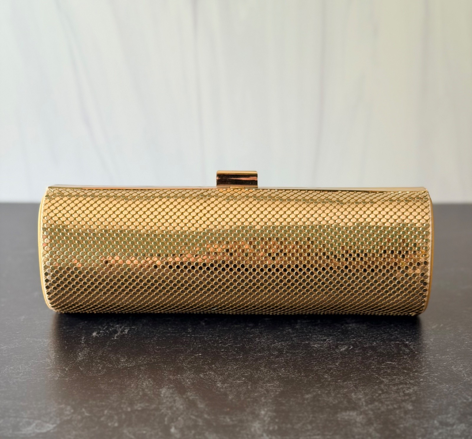 BCBGMaxAzria Gold Mesh Cylinder Evening Clutch Chain Strap Formal Wedding Bag