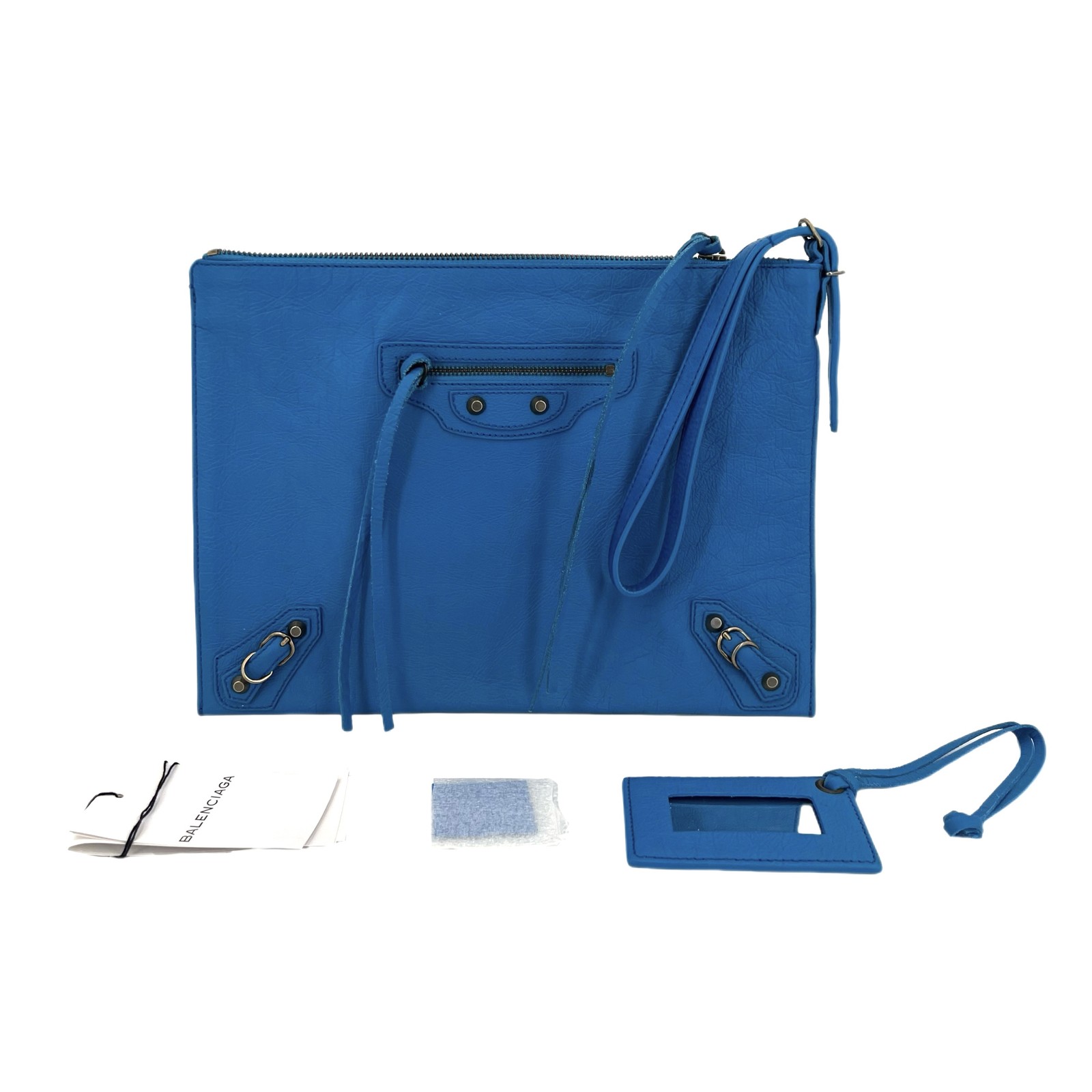 Balenciaga Motorcycle Normal Blue Calfskin Leather Wristlet Clutch US Ship