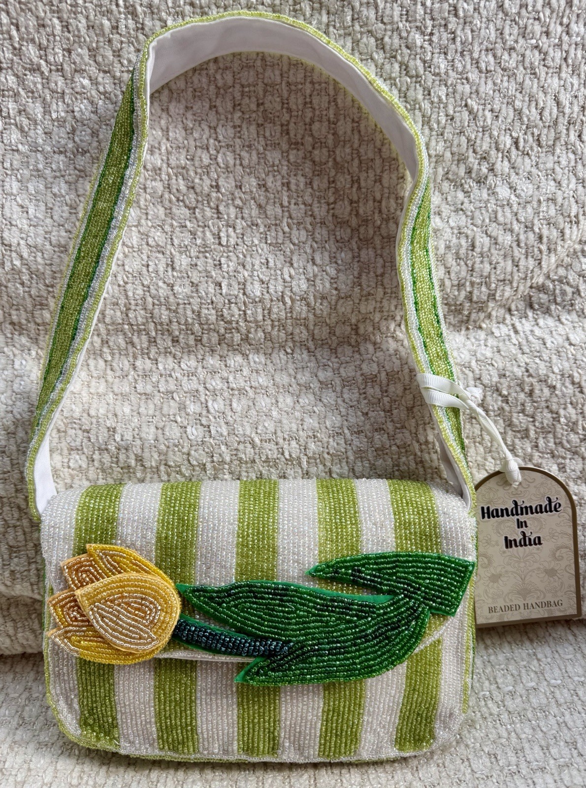 Handmade In India Beaded Yellow Tulip Green & White Striped Shoulder Bag NWT