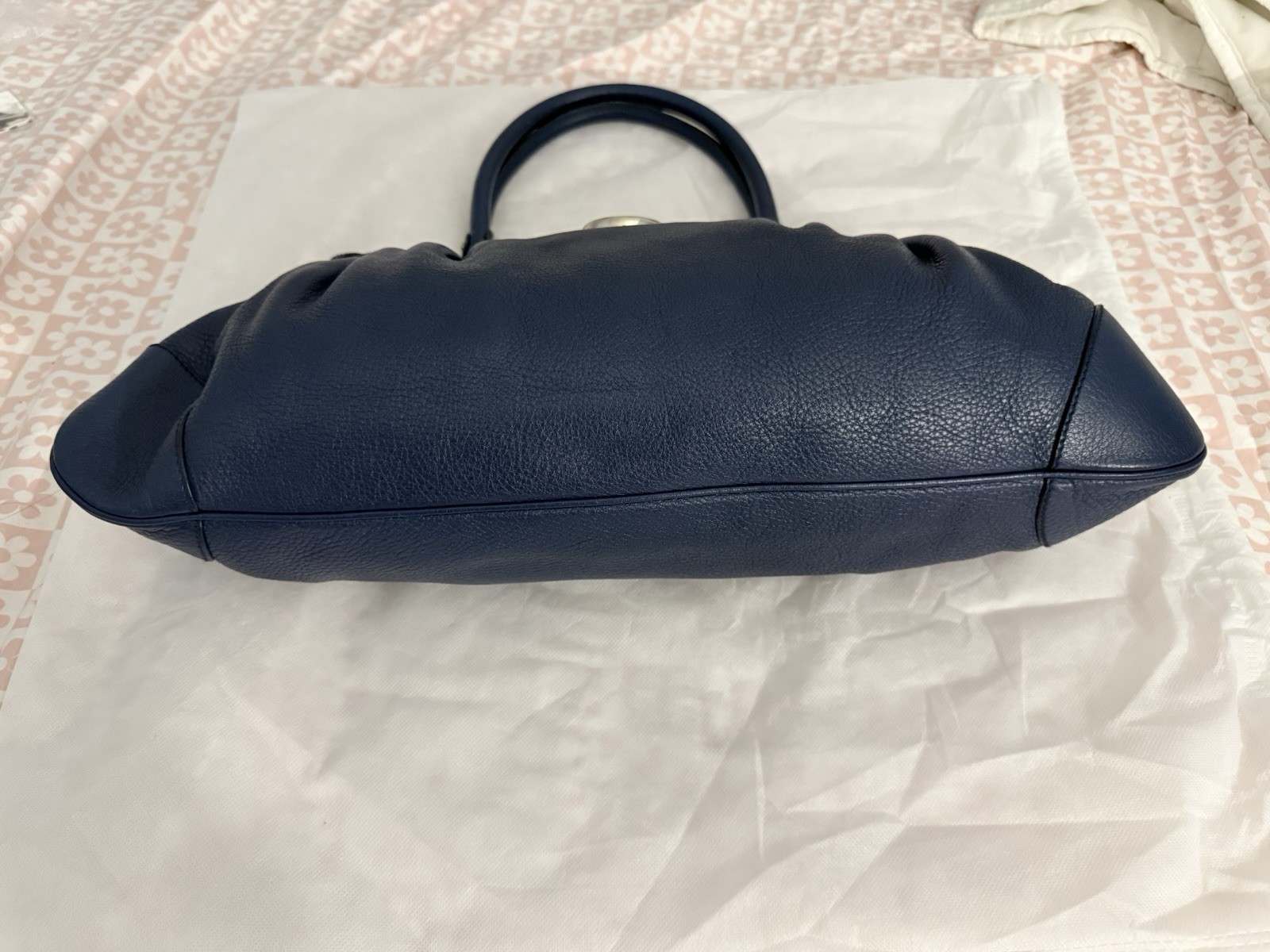 Salvatore Ferragamo Blue Pebbled Satchel Top Handle Zip Silver Hardware Buckle