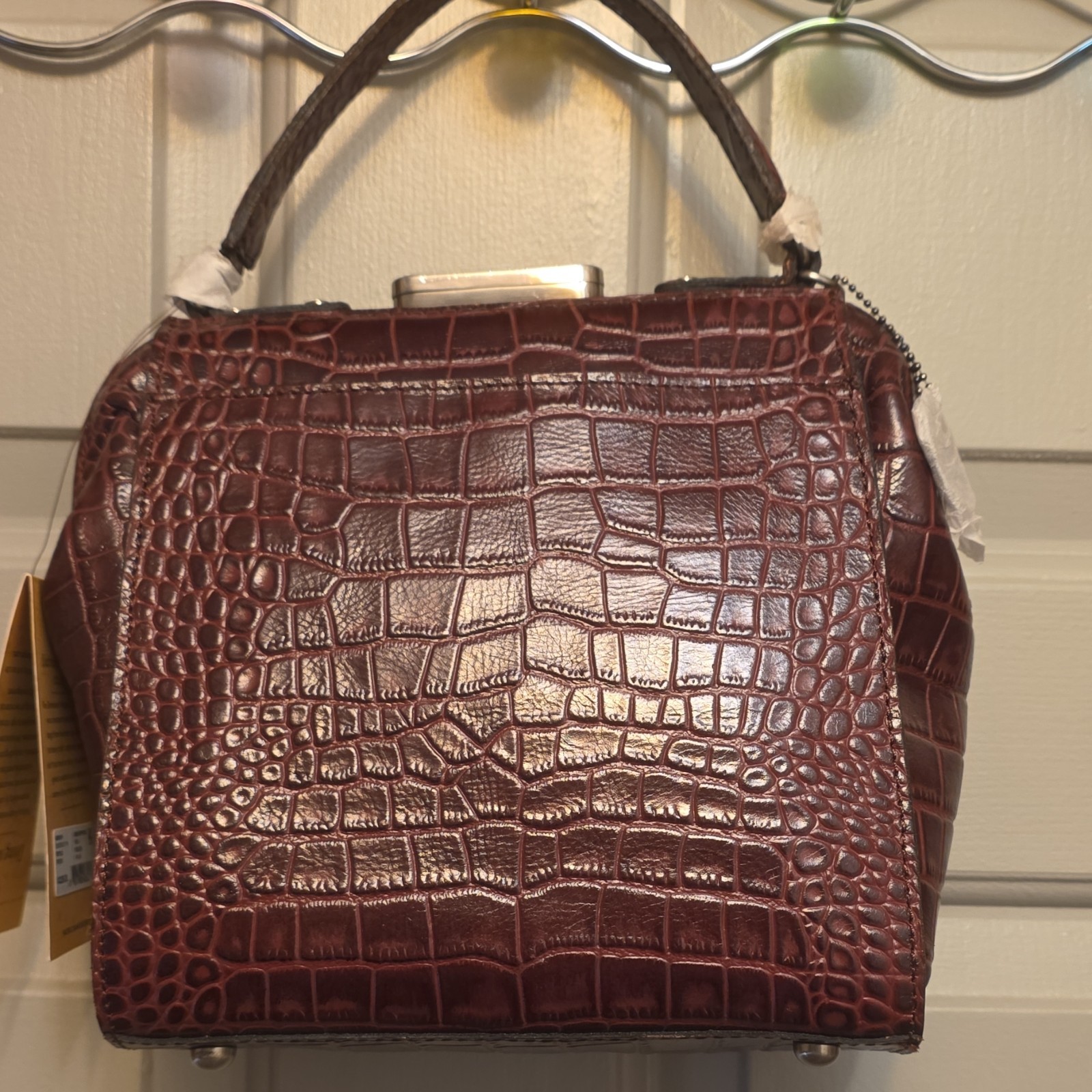 Patricia Nash Distressed Croc Embossed Kiss Lock Satchel Plum Silver Hardware
