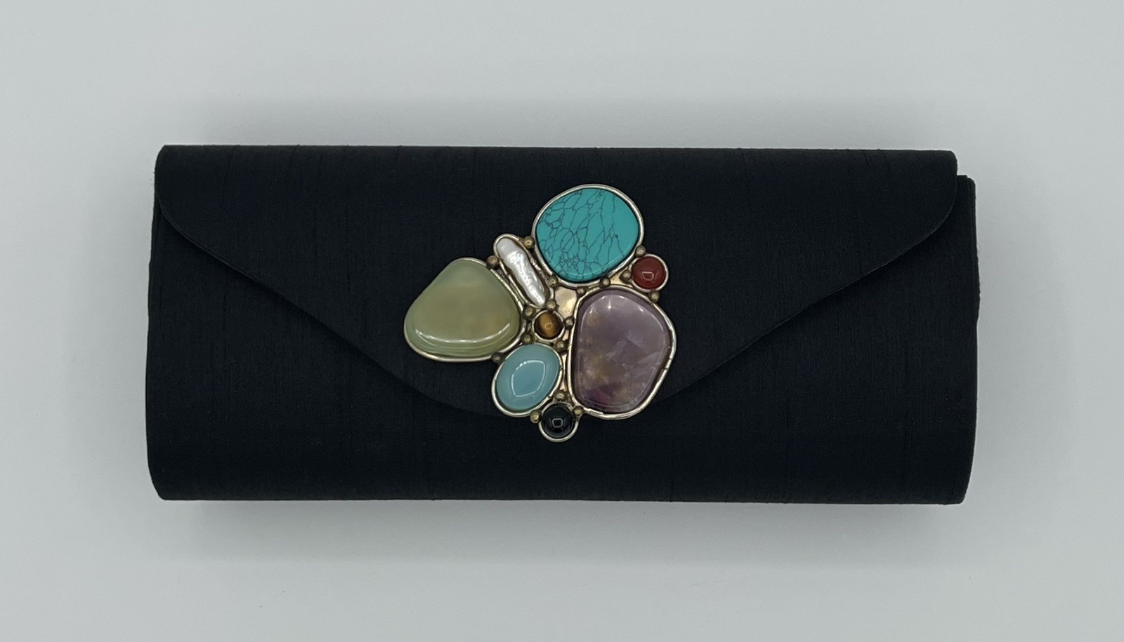 Vintage Black Textured Satin Oval Cylinder Clutch w/ Gemstone Embellished Center