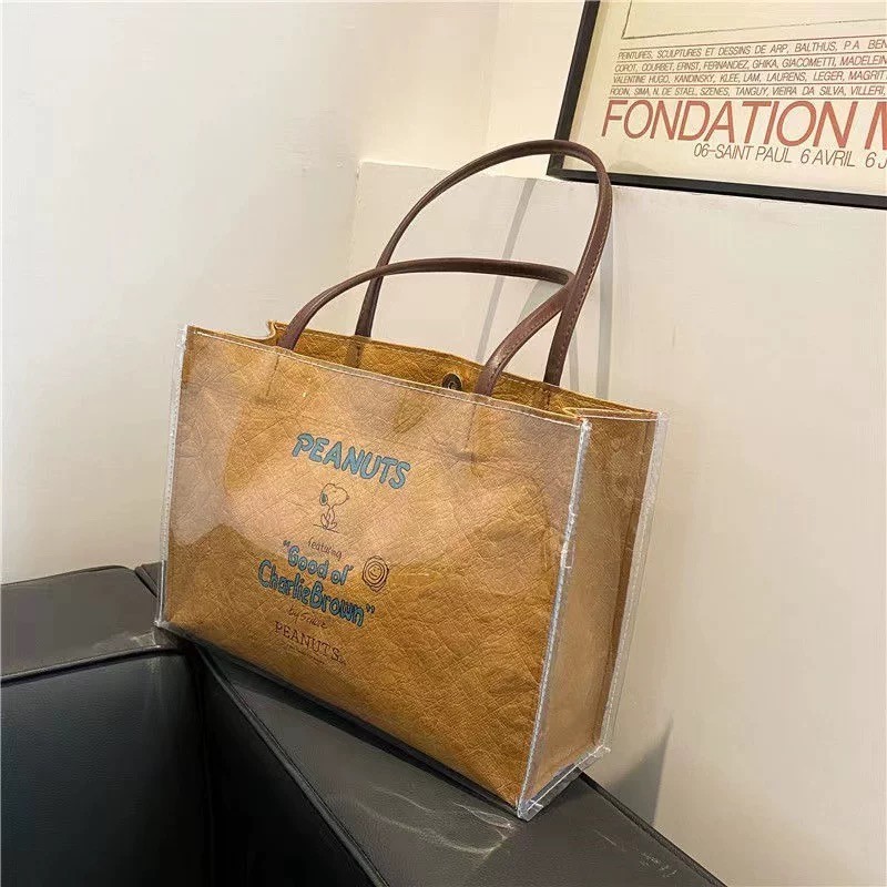 PEANUTS Cafe NGO Brown Bag Tote Crinkled Waterproof Snoopy One Mile Shopper Bag