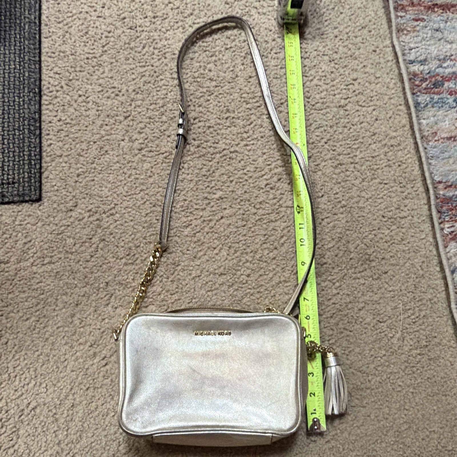 Michael Kors Metallic Silver Crossbody Zip Tassel Gold Hardware Inner Pockets
