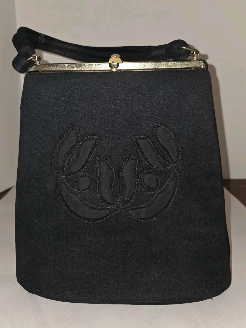Black Soft Brushed Handbag Purse Snap Closure Top Handle Front Design 1950s
