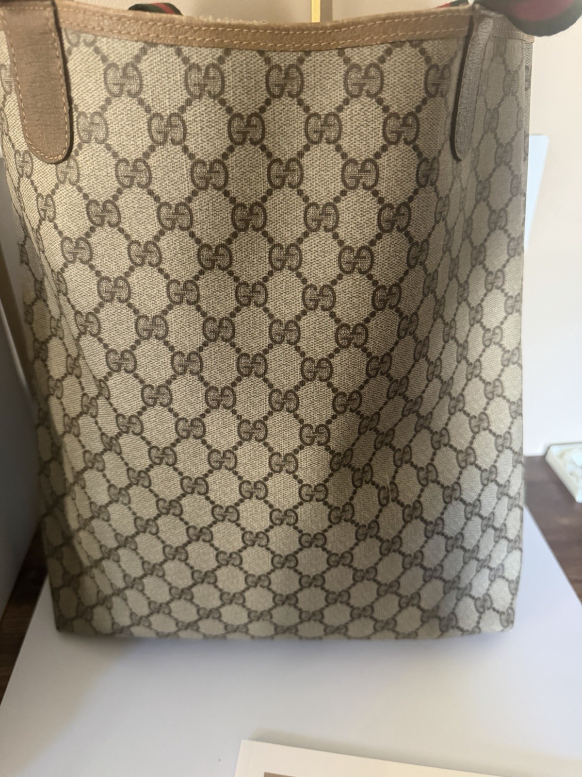 Authentic Gucci Vintage GG Supreme Web Tote Bag Beige Canvas Brown Leather Large