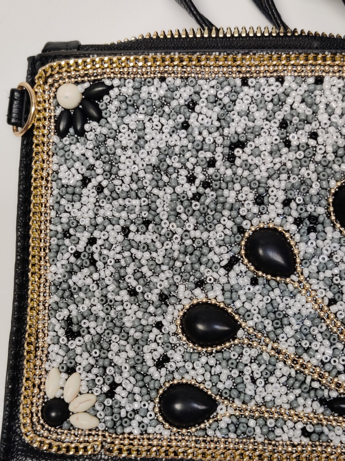 COCO + CARMEN White And Black Artisan Beaded Crossbody Clutch Bag