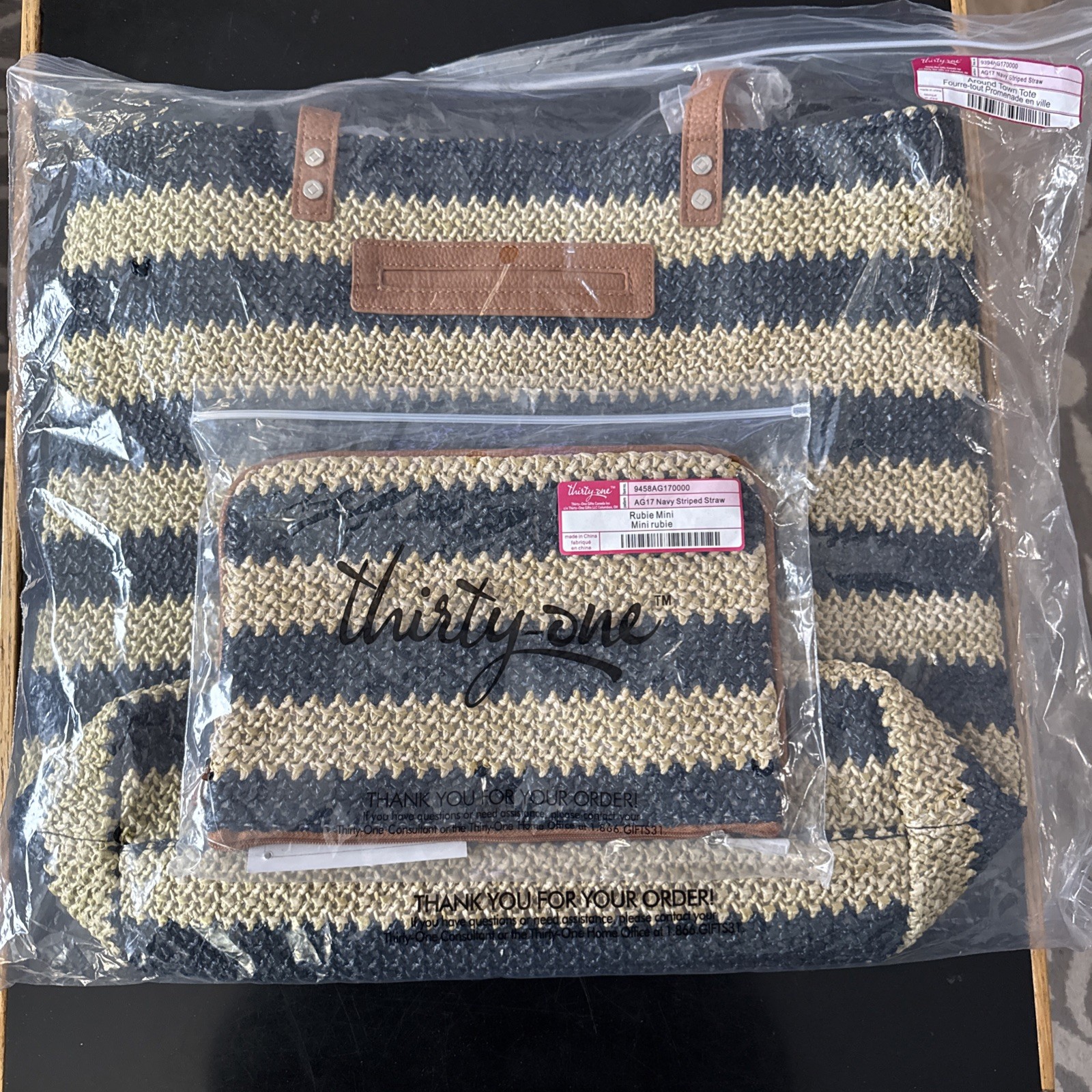 Thirty One Around Town Tote Navy Striped Straw with Clutch Bag
