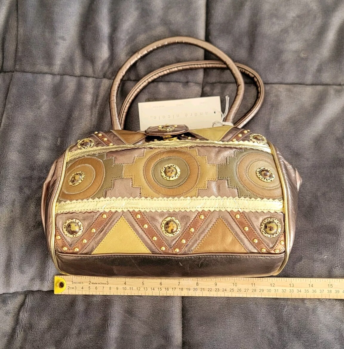 Vintage Genuine Leather Hand Bag Purse – Andre Nicole – Gold And Brown – USA