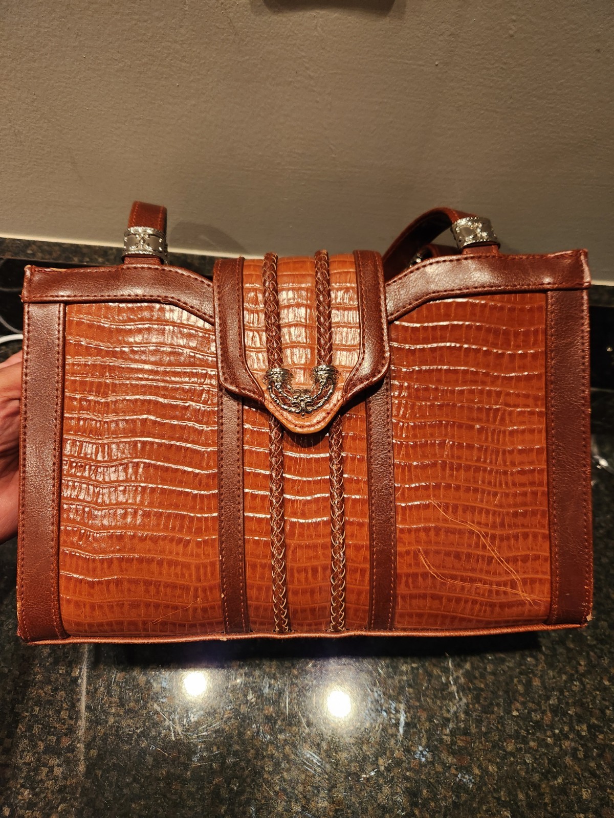 Brown Croc Embossed Shoulder Bag w/ Shoulder Strap, Silver Hardware, Pockets