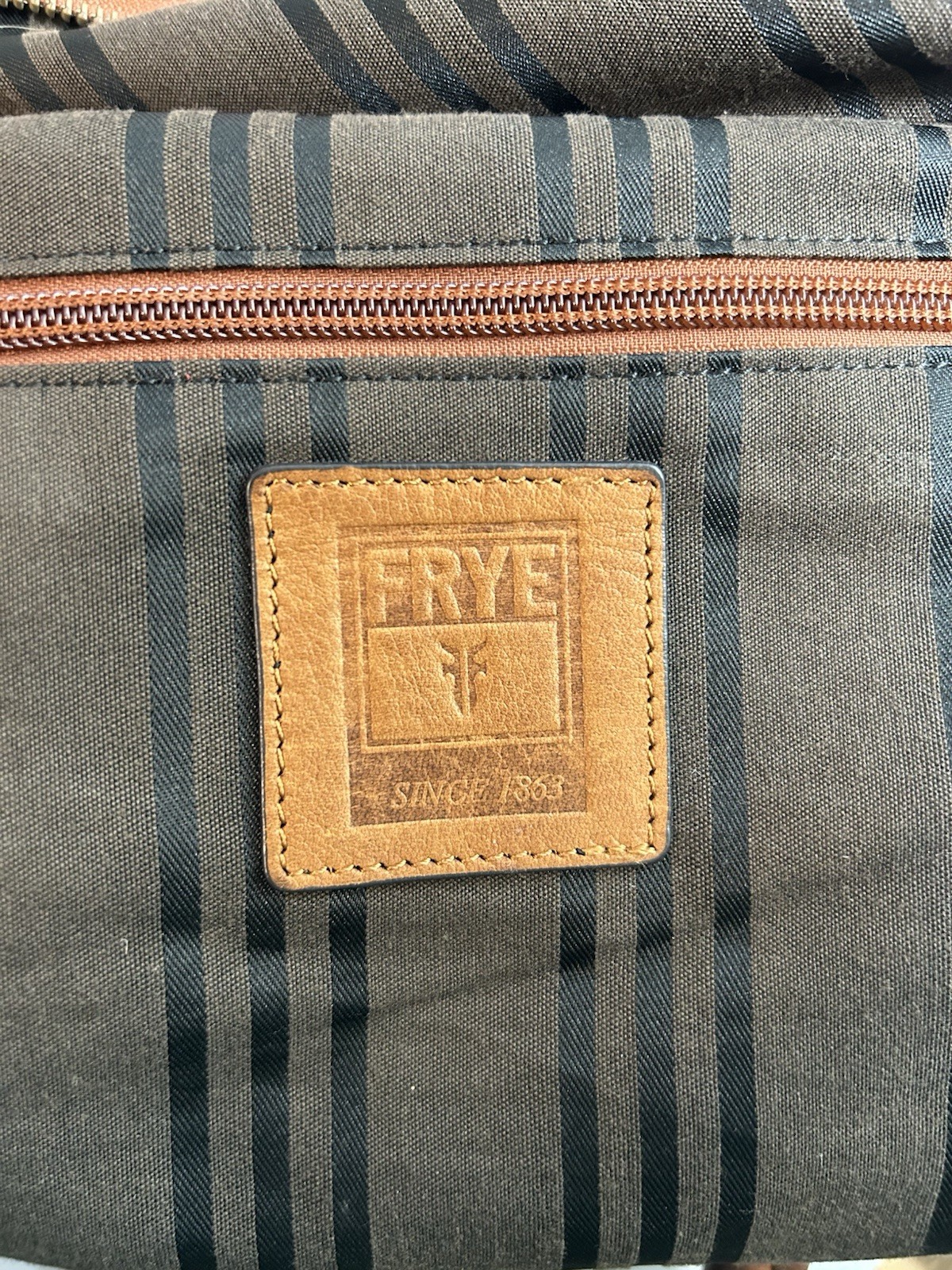 Frye Brown Satchel Top Handle Zip Bag Double Handles Outer Pockets Brass