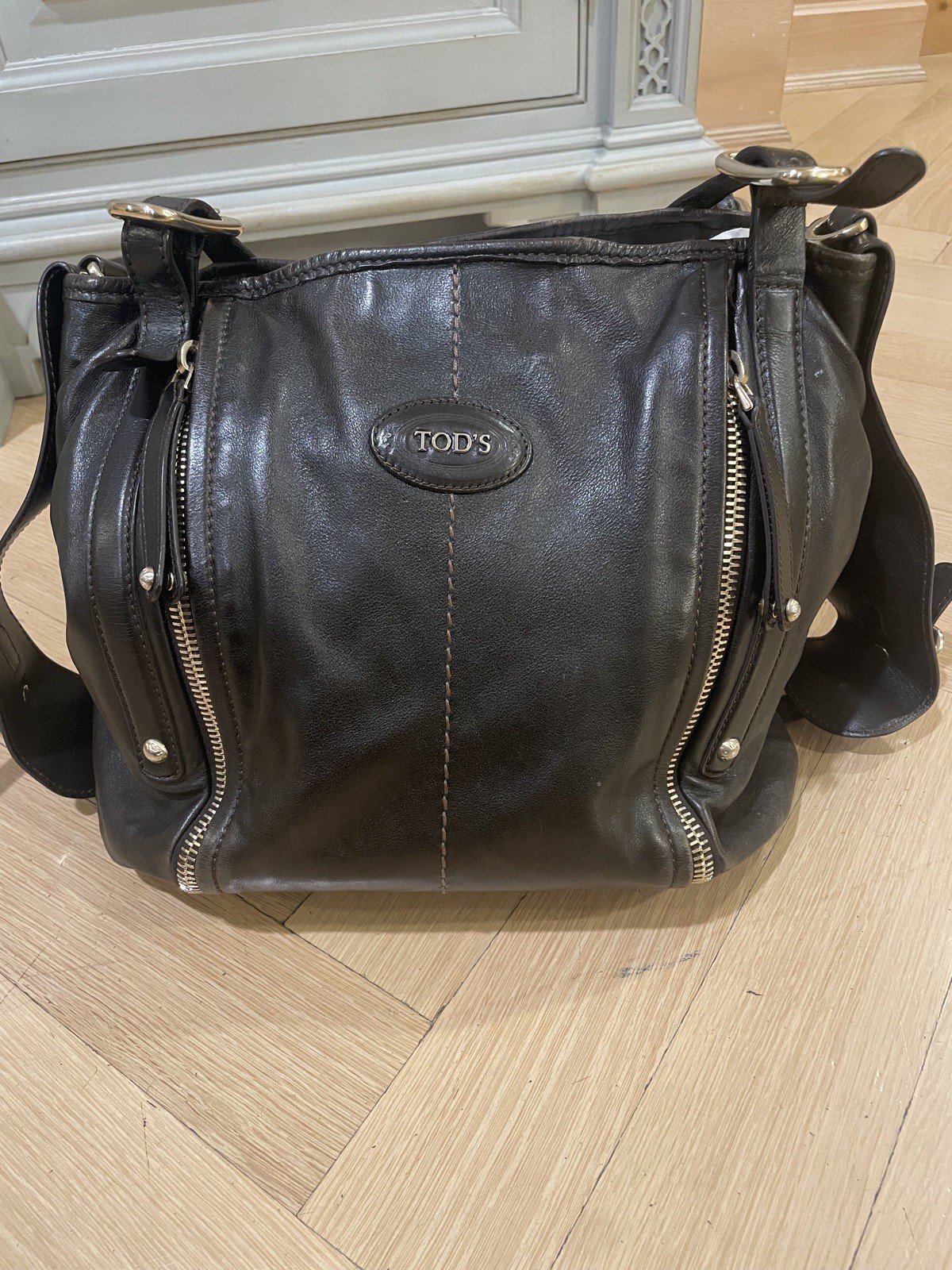 Tod’s Brown Calf Leather Tote Handbag w/ Double Zipper Detail Large