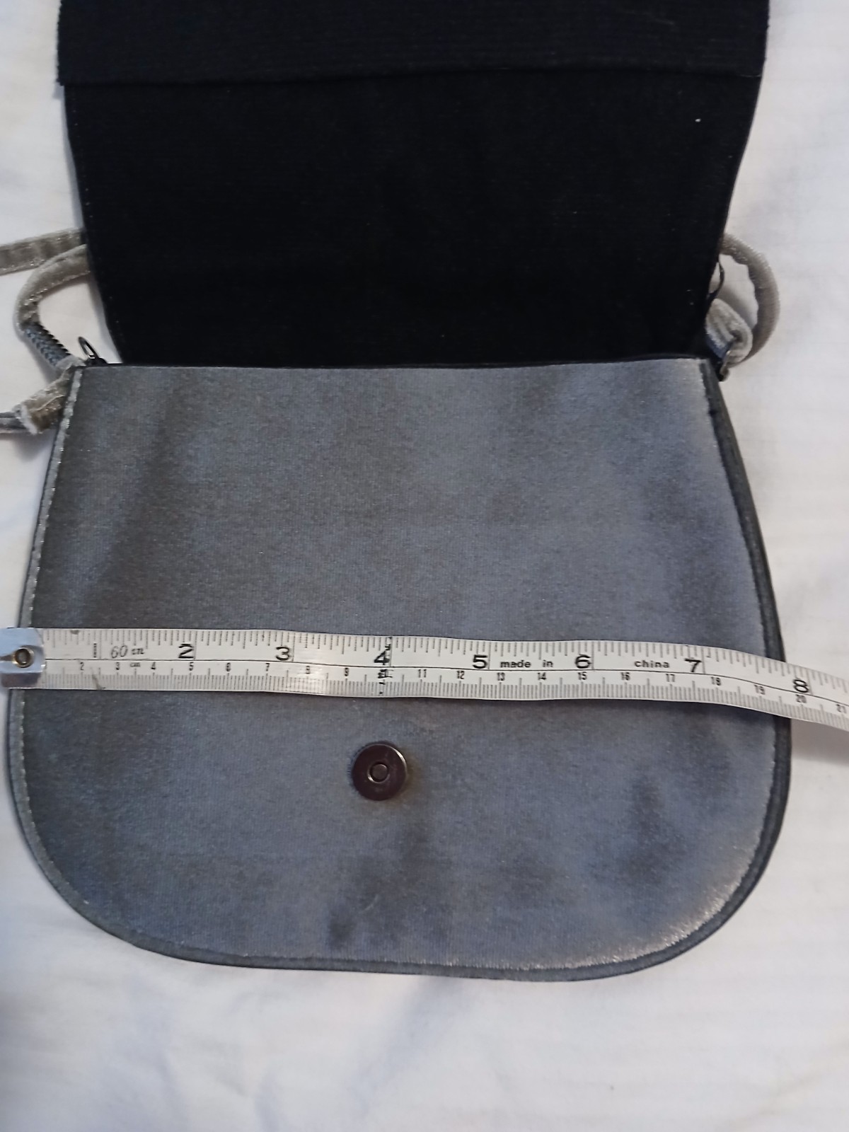 PURSE, Silver-Gray Velvet Crossbody detach strap brass clips pockets snap closur