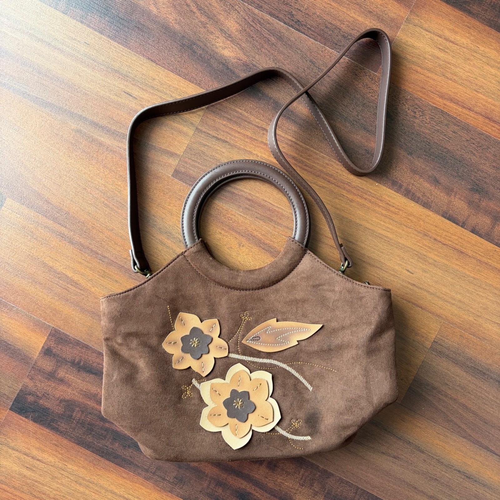 Boho Preppy Y2K Brown Suede Floral Accent Handbag Purse With Crossbody Strap