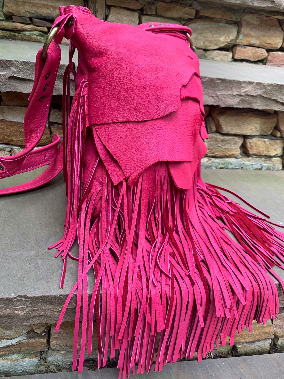 Soft HOT PINK Deerskin, beads, BOHO long fringe crossbody bag USA!