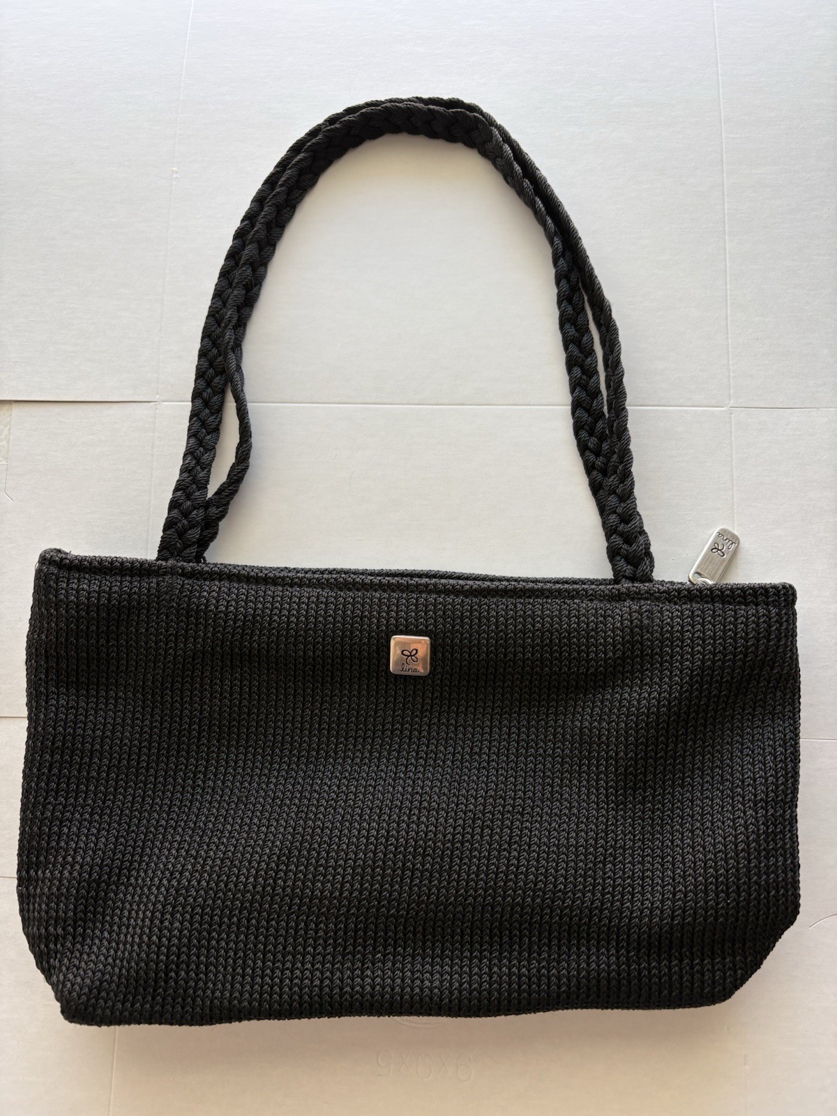 Lina Black Shoulder Bag Zip Top Braided Double Handles Lined Floral Pocket