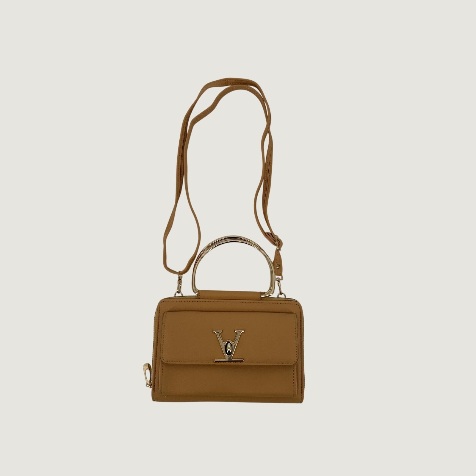 Tan Vegan Leather Crossbody Bag with Gold Ring Handle and V Turn-Lock Clasp