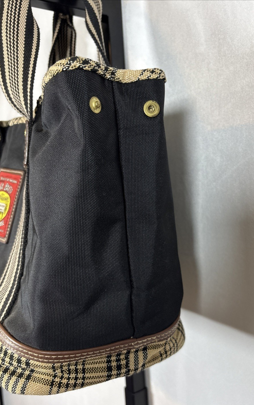 5/A Baker Canvas Tote Bag 16″ Black Plaid Trim Equestrian Horse Side Snaps