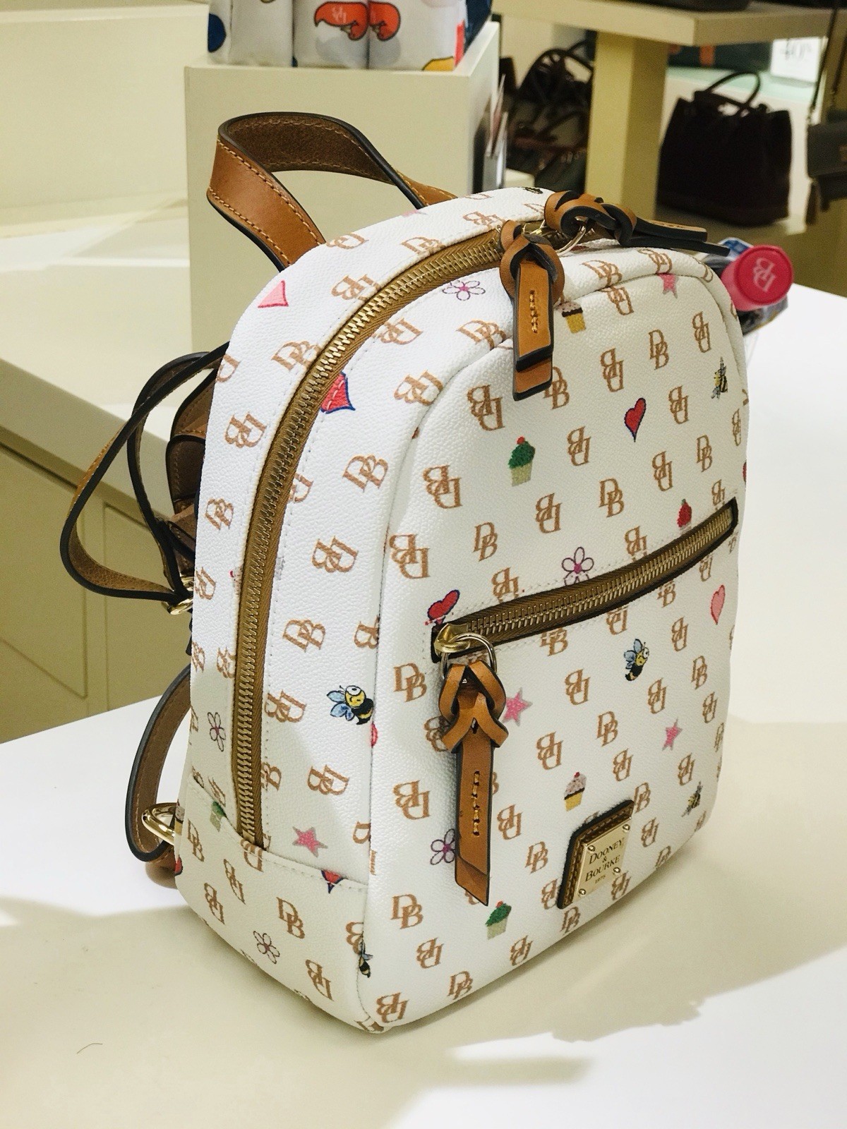 Dooney & Bourke White Monogram Mini Backpack Zip Gold Hardware Charm