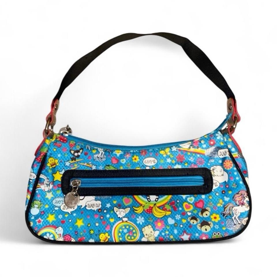 Blue handbag with cartoon characters and speech bubbles