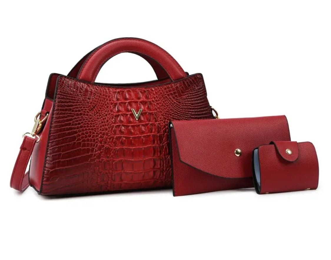 3-Piece Faux Crocodile Embossed Handbag Set with V Logo