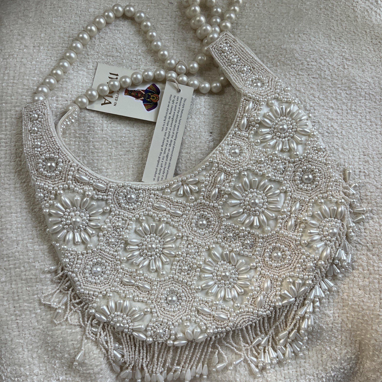 Vtg Beaded Pearl Bridal Evening Bag Handcrafted India Clutch Purse Fringe NWT