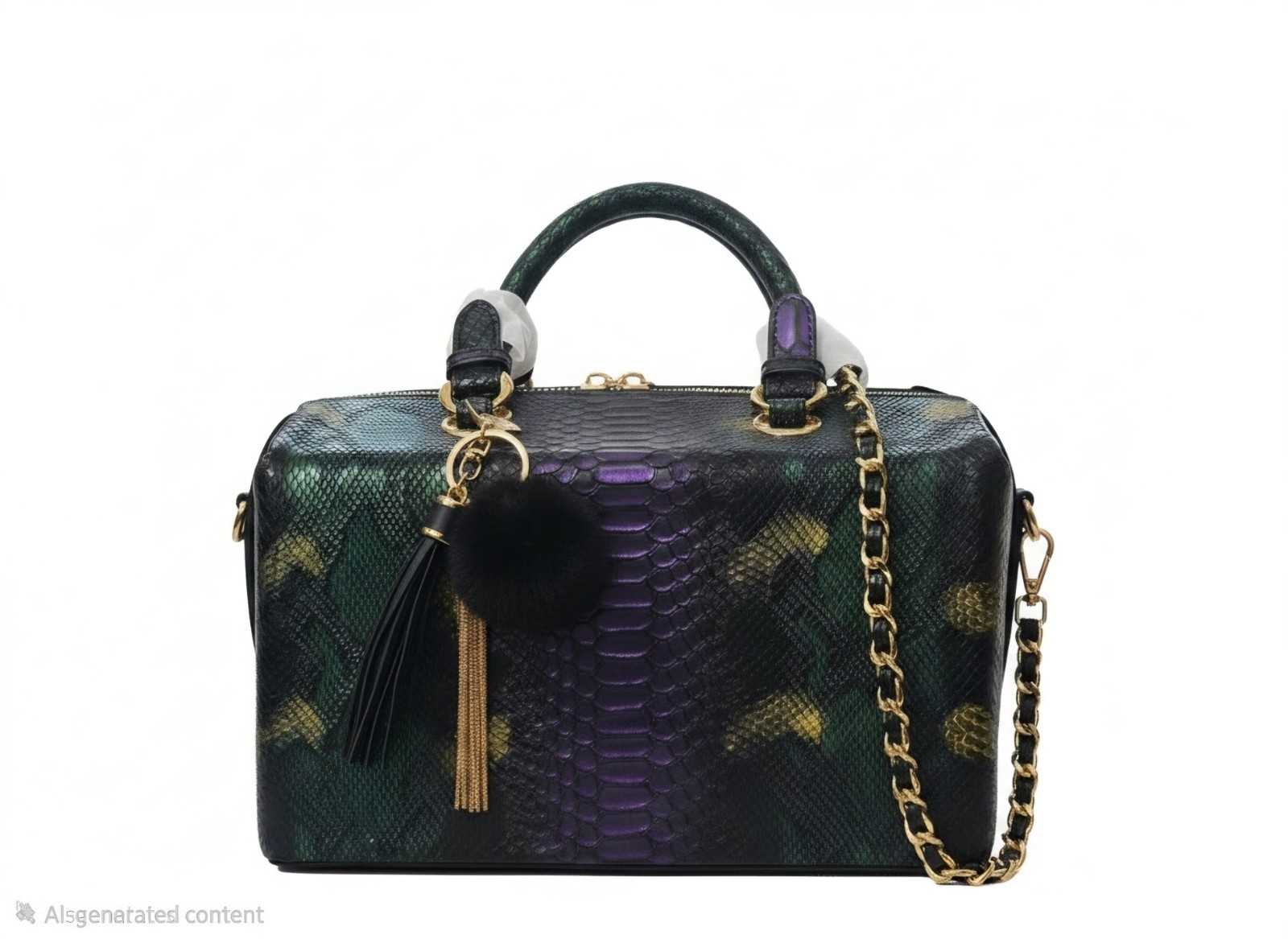 Genuine Leather Irredesdent Purple Green Gold Unique Satchel Purse Chain New