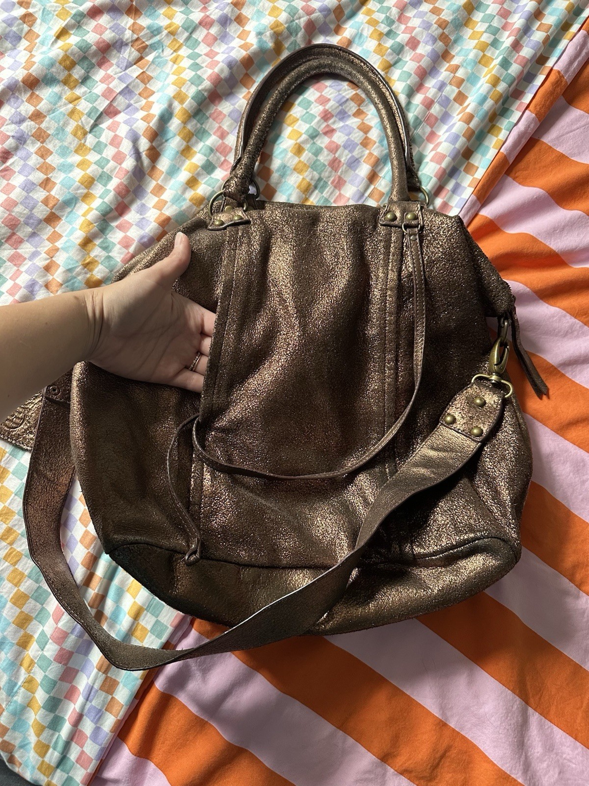 Huge Hayden Harnett Metallic Bronze Y2K Tote Bag Hidden Mickey Disney McBling