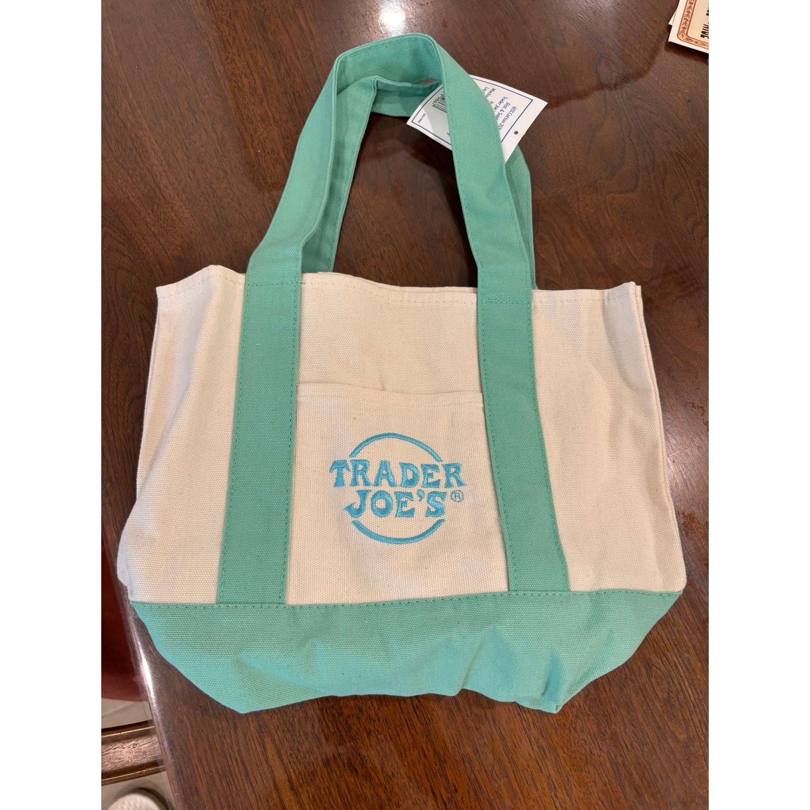 Trader Joe’s Mini Pastel Canvas Tote Bag Mint Green Cream Limited Edition NWT